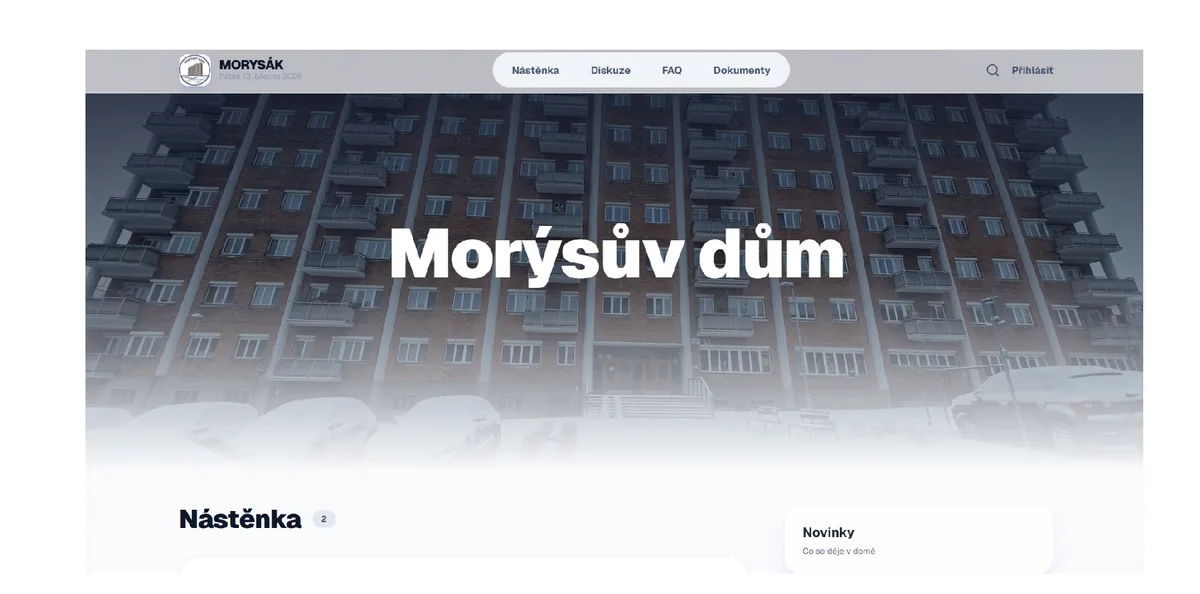 Náhled webové stránky Morýsův dům I, zobrazující moderní design a informace o bytovém domě.